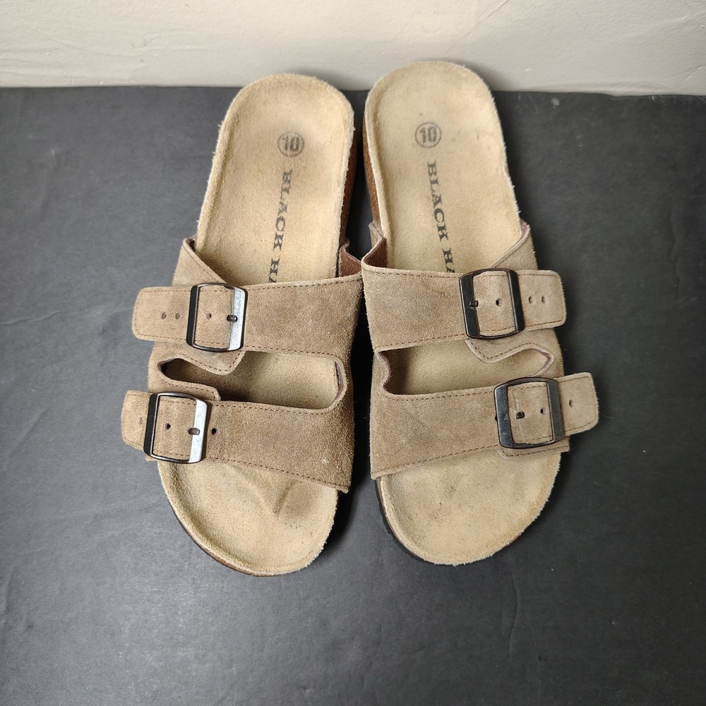 Black Hawk Cork Sandals Mens 10 Tan Suede Slide Footbed Double Buckle